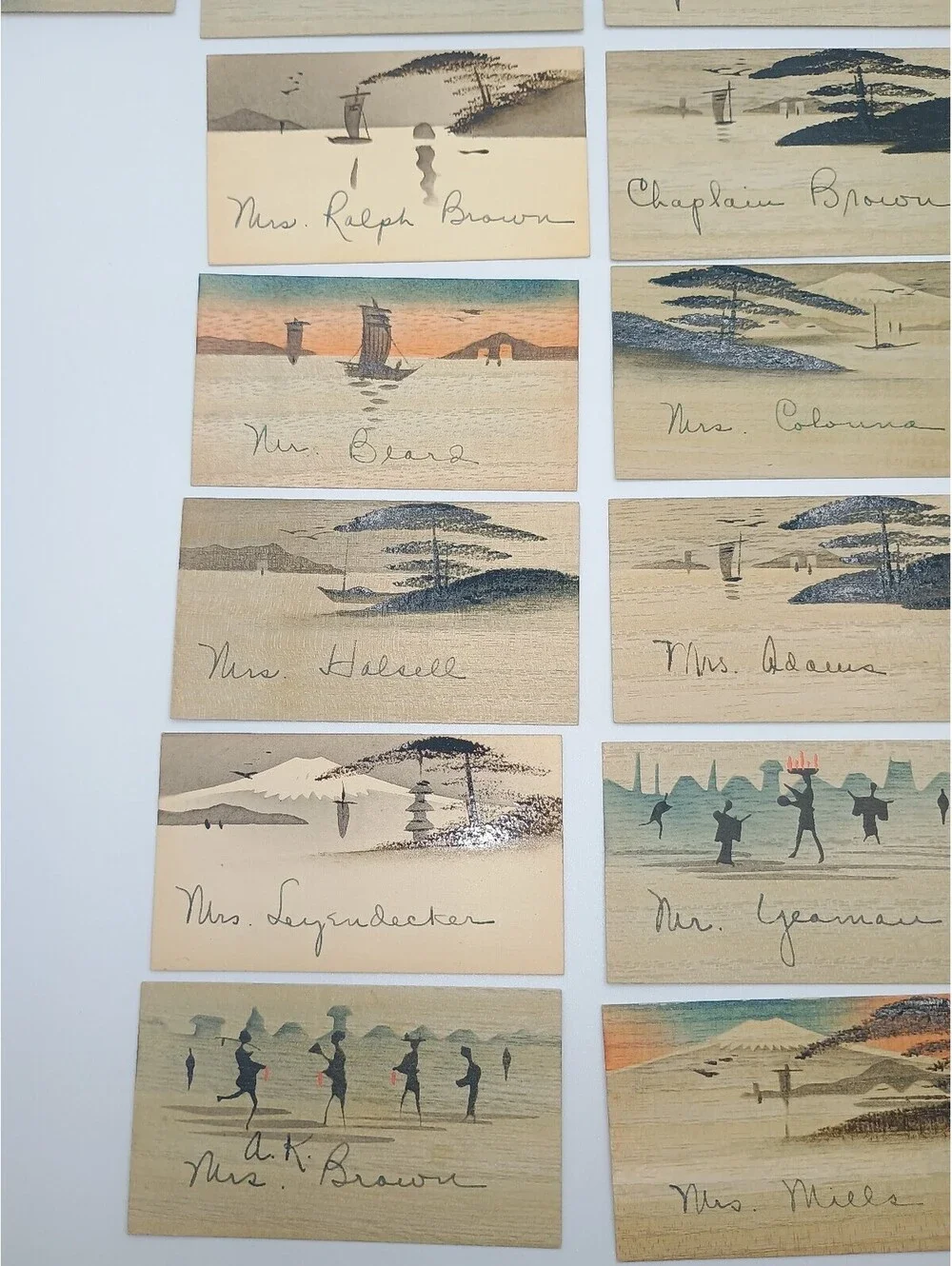 Set of 22 Vintage Japanese Wood Veneer Calling Cards with Names